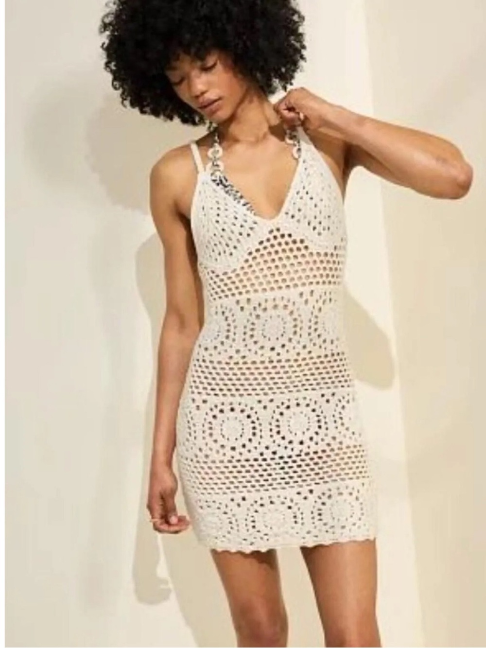 Crochet Coverup Mini Dress in Cream